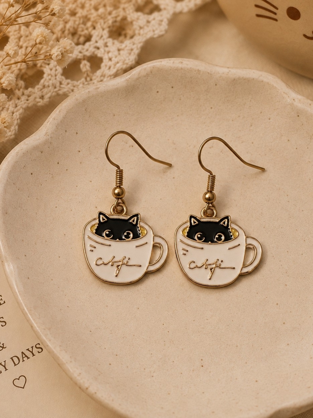 Cute Black Cat in White Coffee Cup Dangle Drop Earrings - Cafe Design New